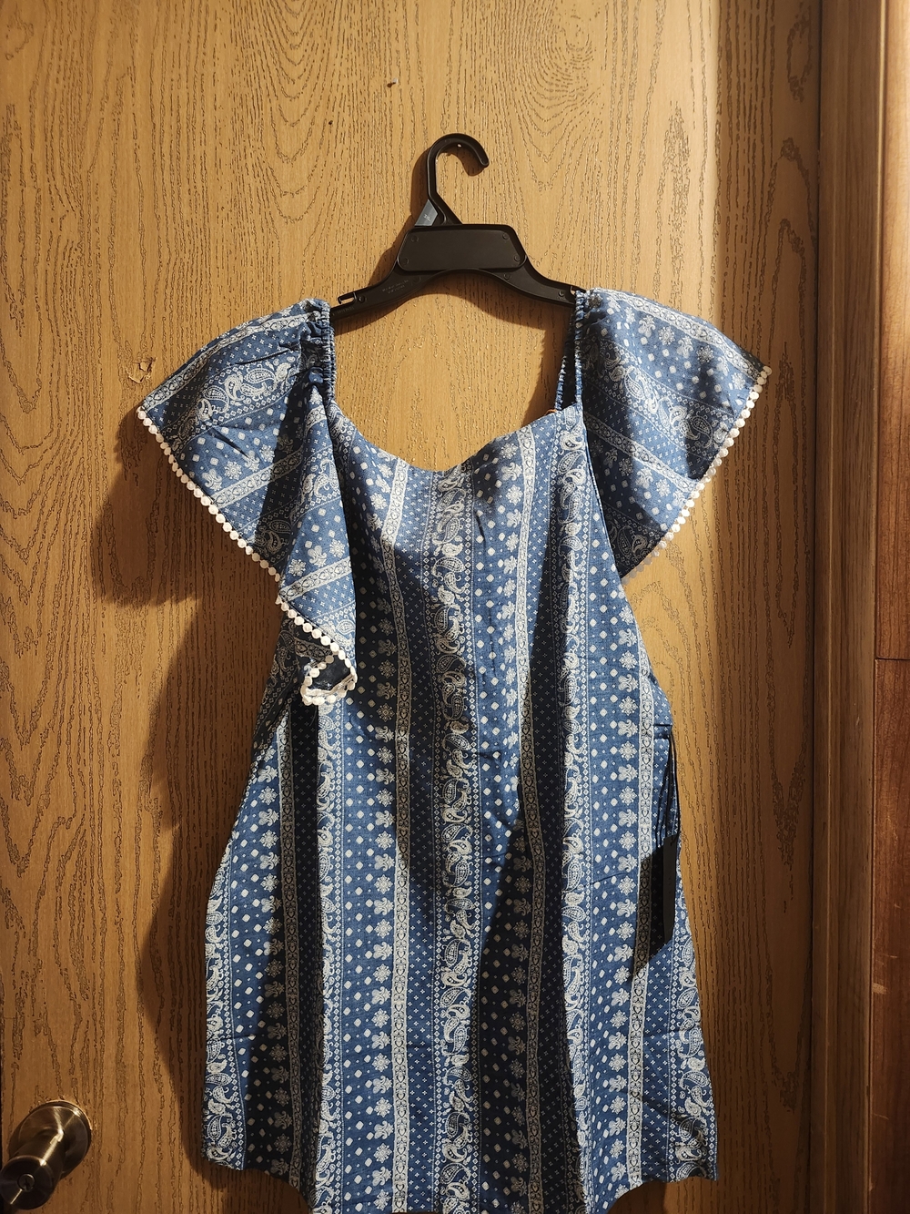 Blue Printed Mini Dress with Ruffled Shoulders Brand New With Tags